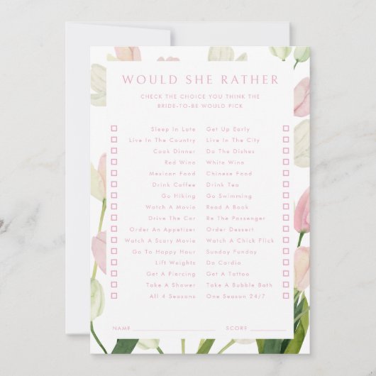 Invitation Soft Pink Tulip Bridal Would She Rather Game Card (Devant)