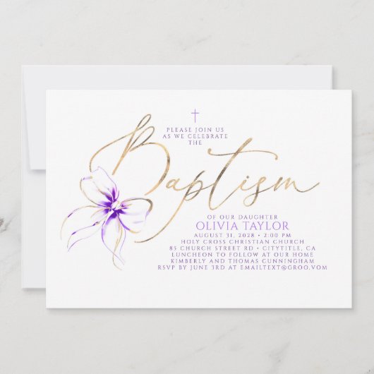 Invitation Soft Purple Bow Elegant Minimalist Modern Baptism (Devant)