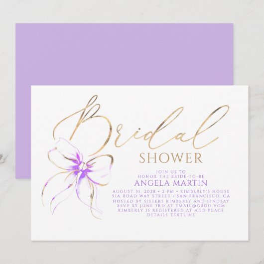 Invitation Soft Purple Bow Elegant Romantic Bridal Shower (Devant / Derrière)