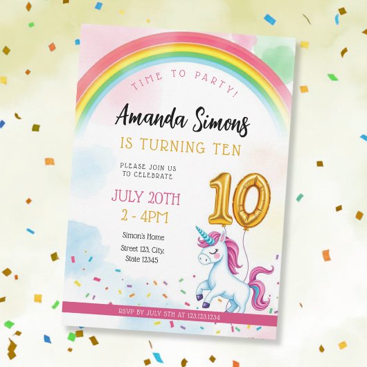 Invitation Soft Rainbow Arch Confetti Girl 10th Birthday