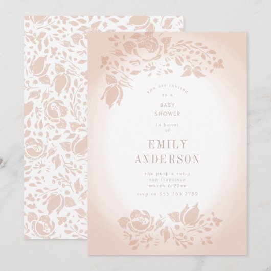 Invitation Soft Romantic Floral Musc Baby shower rose (Devant / Derrière)