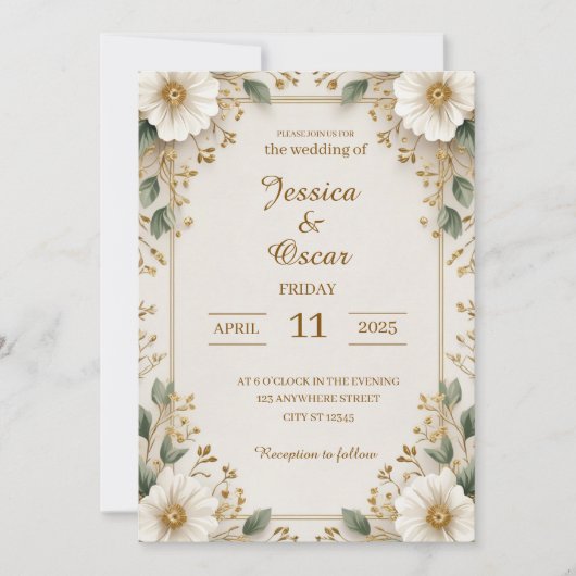 Invitation Soft Romantic Gold Floral Pattes Mariage (Devant)