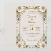 Invitation Soft Romantic Gold Floral Pattes Mariage (Devant / Derrière)