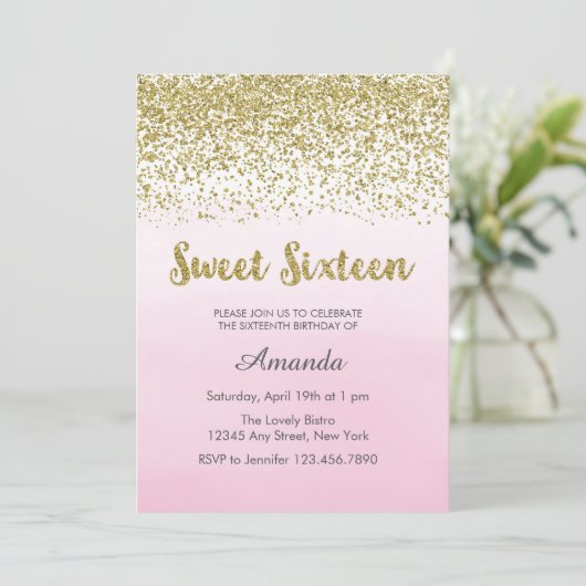 Invitation Soft Rose and Gold Sweet 16 Anniversaire Invitatio (Debout devant)