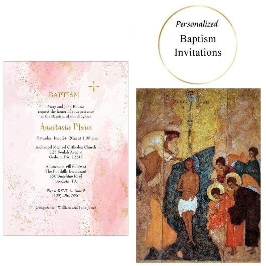 Invitation Soft rose et Faux Gold Parties scintillant Baptême