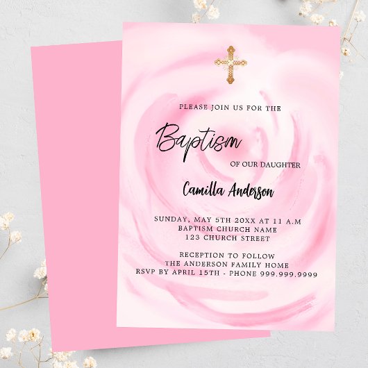 Invitation Soft rose floral fille luxe Baptême