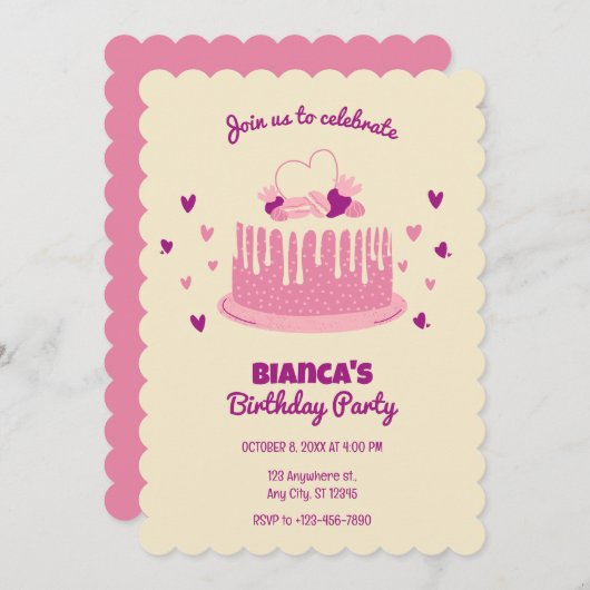 Invitation Soft Rose mignon gâteau d'anniversaire (Devant / Derrière)