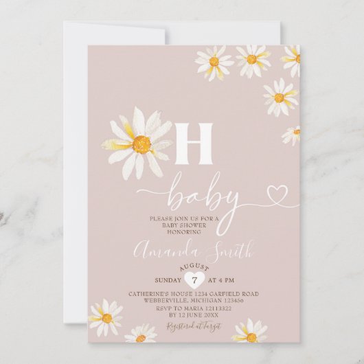 Invitation Soft Rose Oh Baby Daisy Fleurs Boho Baby shower (Devant)