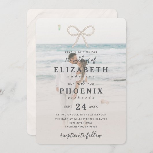 Invitation Soft Simple Pearl Bow Custom Photo Elegant Wedding (Devant / Derrière)