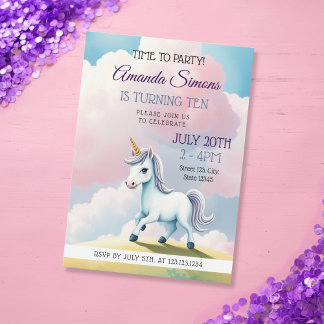 Invitation Soft Sky Unicorn Whimsical Girl 10th Birthday
