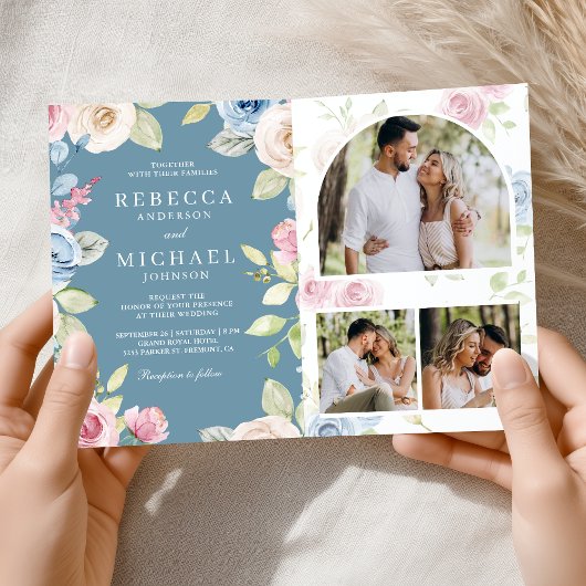 Invitation Soft Spring Floral Dusty Blue QR Code Wedding