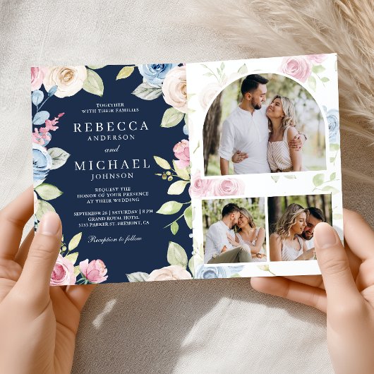 Invitation Soft Spring Floral Navy Blue QR Code Wedding