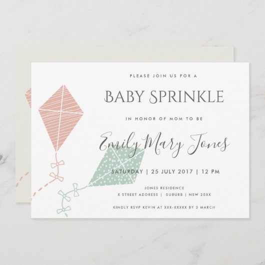 INVITATION SOFT SUBTÔT ROSE BLEU KITE BÉBÉ SPRINKLE (Devant / Derrière)