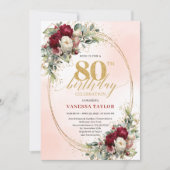Invitation Soft Watercolor Burgundy Floral 80th Birthday  (Devant)