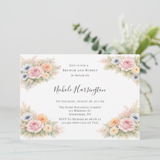 Invitation Soft Watercolor Floral Brunch and Bubbly (Debout devant)