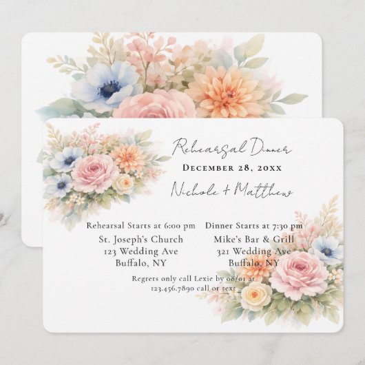 Invitation Soft Watercolor Floral Rehearsal Dinner (Devant / Derrière)