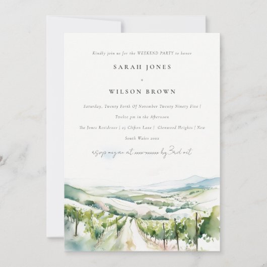 Invitation Soft Watercolor Vineyard Landscape Weekend Party (Devant)
