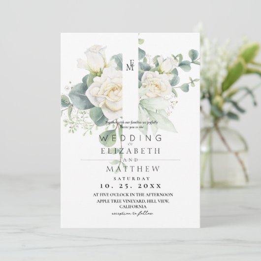 Invitation Soft White Rose and Floral  Elegant Wedding (Debout devant)