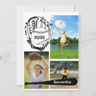Invitation Softball/ Baseball 3 Photo Graduation Blanche