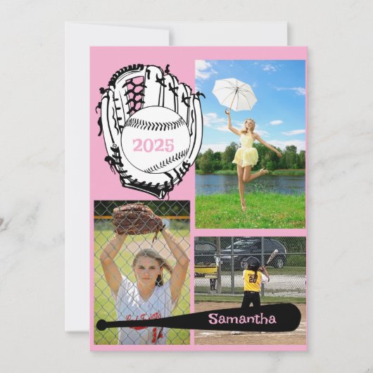 Invitation Softball/ Baseball 3 Photo Pink Graduation (Devant)