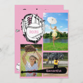 Invitation Softball/ Baseball 3 Photo Pink Graduation (Devant / Derrière)