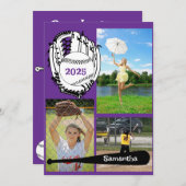 Invitation Softball/ Baseball 3 Photo Purple Graduation (Devant / Derrière)