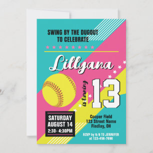 Invitation Softball rose Turquoise Jaune fête d'anniversaire,