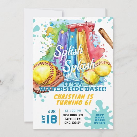 Invitation Softball Watertoboggan Pool Fête Anniversaire Invi (Devant)