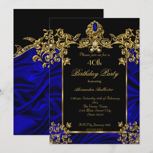 Invitation Soie 40e anniversaire Soie Royal Blue Gold (Devant / Derrière)
