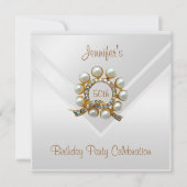 Invitation Soie Blanc 50e anniversaire de fête Gold Pearl Jew (Devant)
