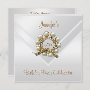 Invitation Soie Blanc 50e anniversaire de fête Gold Pearl Jew