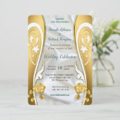 Invitation Soie blanche luxueuse et fluide et roses blanches. (Debout devant)