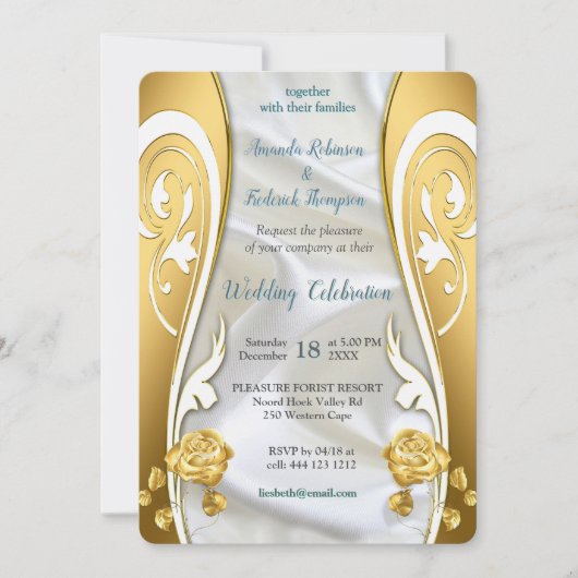 Invitation Soie blanche luxueuse et fluide et roses blanches. (Devant)