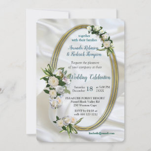 Invitation Soie blanche luxueuse et fluide et roses blanches.