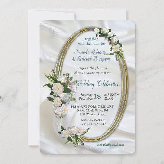 Invitation Soie blanche luxueuse et fluide et roses blanches. (Devant)