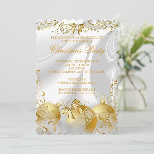 Invitation Soie blanche or Bow Bauble Noël fête (Debout devant)