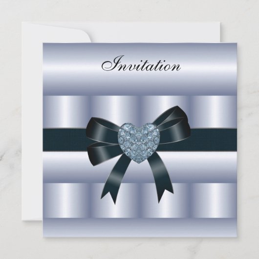 Invitation Soie Bleu Argent Noir Diamant Coeur (Devant)
