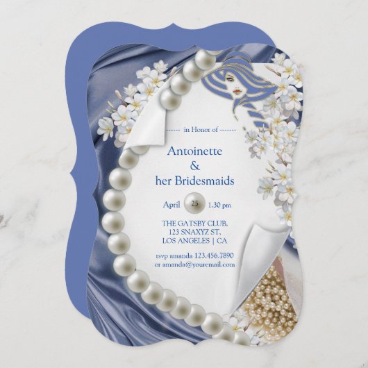 Invitation Soie bleue et perles d'ivoire (Devant / Derrière)