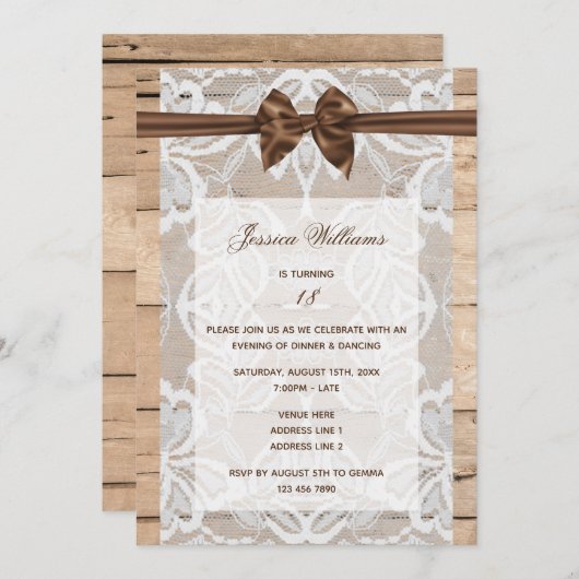 Invitation Soie Bow & dentelle Anniversaire (Devant / Derrière)