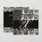 INVITATION SOIE DAMASSÉE À GLACE NOIRE MONOGRAMME AMETHYSTE V (Devant / Derrière)