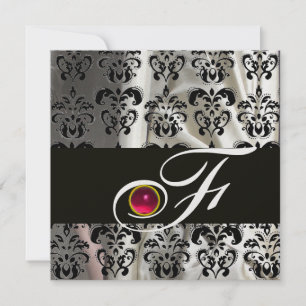 INVITATION SOIE DAMASSÉE À GLACE NOIRE MONOGRAMME ROSE RUBIS