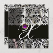INVITATION SOIE DAMASSÉE GLACE NOIRE MONOGRAMME AMETHYSTE VIO (Devant / Derrière)