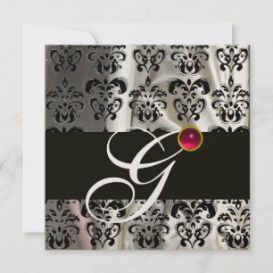 INVITATION SOIE DAMASSÉE NOIR BLANC MONOGRAMME ROSE RUBIS