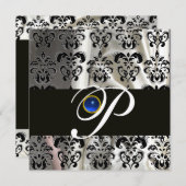 INVITATION SOIE DAMASSÉE NOIR BLANC MONOGRAMME SAPPHIRE BLEU (Devant / Derrière)