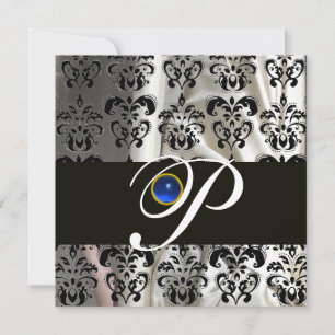INVITATION SOIE DAMASSÉE NOIR BLANC MONOGRAMME SAPPHIRE BLEU