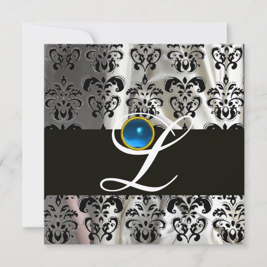 INVITATION SOIE D'OR NOIR DAMASK MONOGRAM SAPHIRE BLEU (Devant)