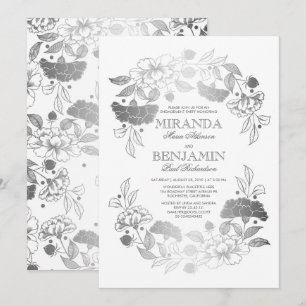 Invitation Soie Florale Argent Élégante Partie d'engagement