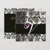 INVITATION SOIE NOIR BLANC DAMAS MONOGRAMME VIOLET AMÉTHYSTE (Devant / Derrière)