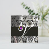 INVITATION SOIE NOIR BLANC DAMAS MONOGRAMME VIOLET AMÉTHYSTE (Debout devant)
