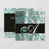 INVITATION SOIE NOIRE BLEUE DAMASSÉE MONOGRAMME AQUAMARINE OR (Devant / Derrière)